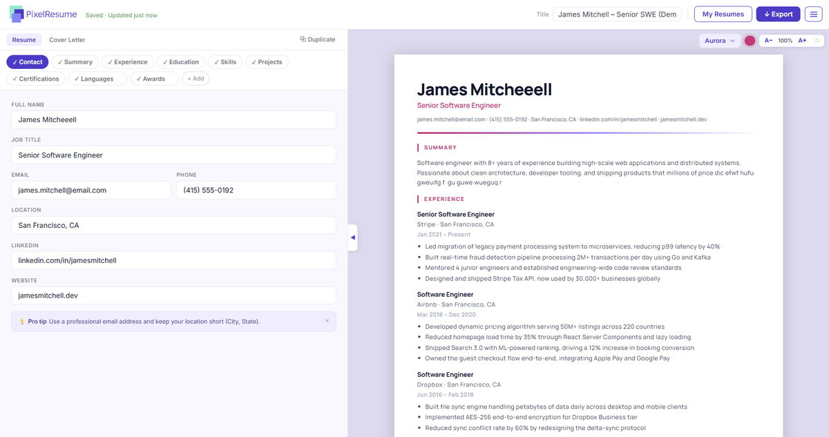 PixelResume editor with Alex Johnson's software engineer resume